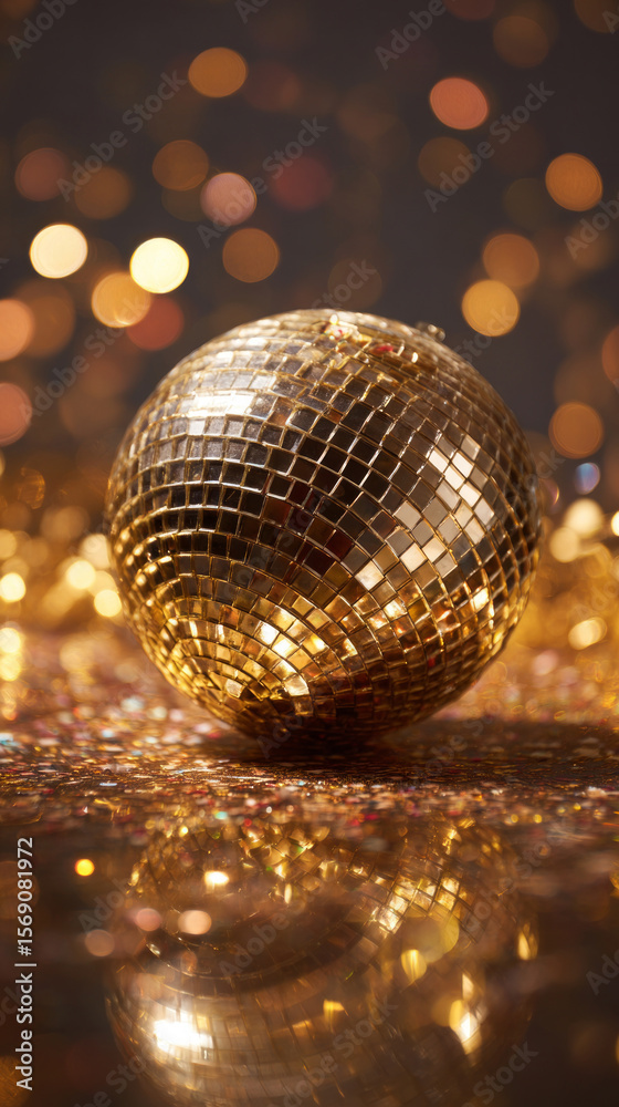 Obraz premium Golden disco ball close up at party, festive background, space for text 
