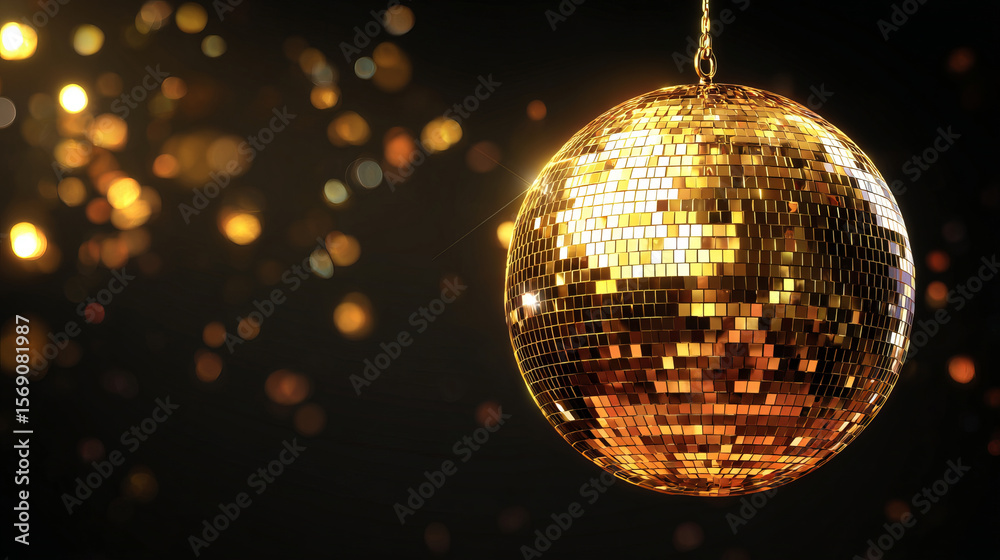 Obraz premium Golden disco ball close up at party, festive background, space for text 