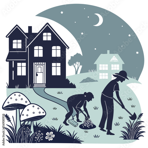 Illustration of people gardening at night with houses mushrooms and a crescent moon in the sky above them