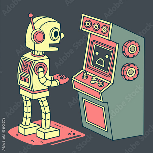 A vintage robot is seen playing a high-tech video game with neon colors and medium resolution.