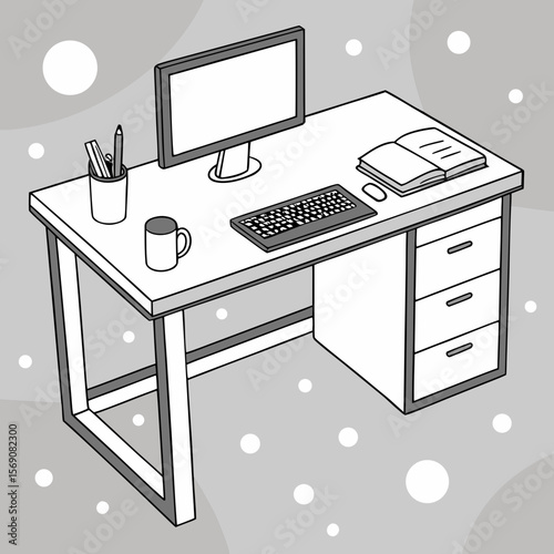 Create a visual representation of a modern-looking office desk in 3D with a blurred background effect called bokeh.
