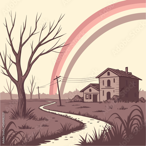 A rainbow appears over an abandoned rural town using the classic style.
