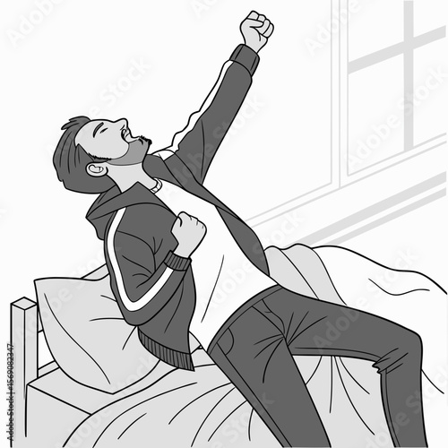 A picture of a man lying on the bed in a vigorous pose, appearing to be dreaming in black and white.
