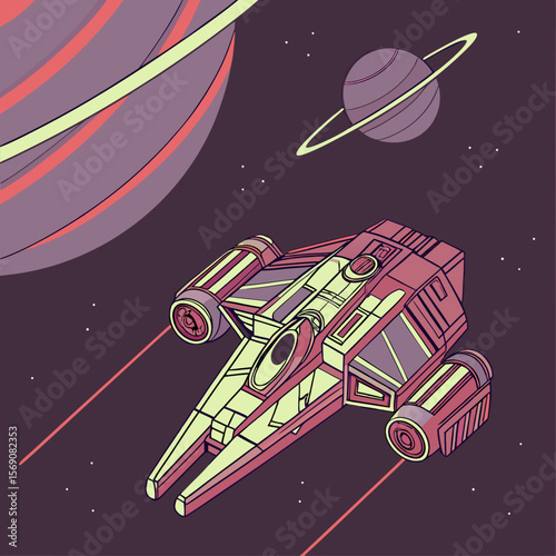 A 3D image shows a spaceship heading into space, featuring a cyberpunk aesthetic and wide scale.
