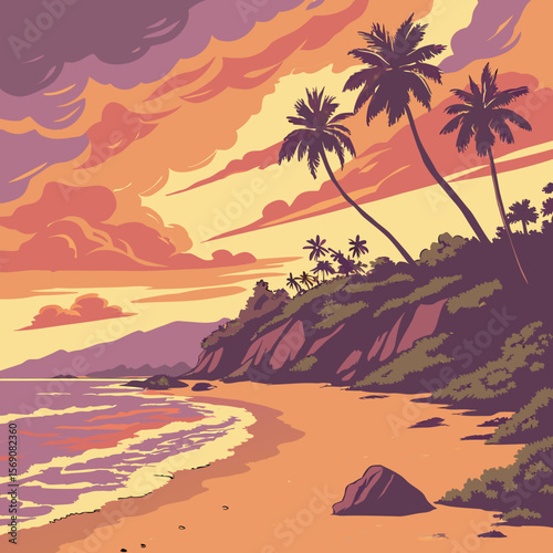 Generate an impressionist-style oil painting of a stunning beach during sunset.
