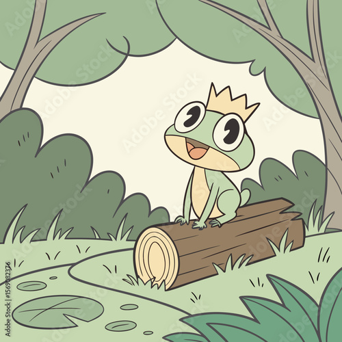 A frog wearing a crown sits on a log in a Japanese anime style.
