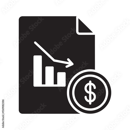 Financial loss report icon showing a downward bar graph and dollar coin symbolizing economic recession business decline and investment downturn vector solid glyph