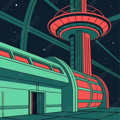 A modern space station with cinematic lighting, jewel tones, and extreme photorealism is shown.