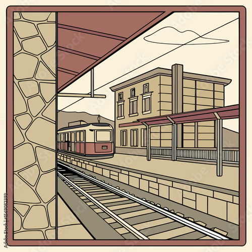 Describe a painting of a train station from the Cubist art movement featuring realistic textures and vibrant colors.

