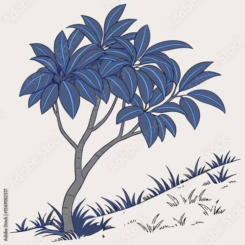 Create a 3D image of a bush with unique blue leaves and a conceptual design.