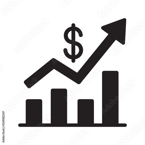 Financial growth chart icon with an upward arrow and dollar sign representing business success profit increase and positive investment return vector solid glyph