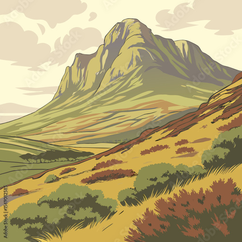 An Impressionist-style illustration of a mountain with a broad aspect ratio.
