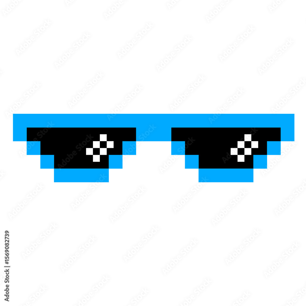 Fototapeta premium Blue pixel sunglasses icon illustration with flat style design. Application, web, social media, sticker, banner, poster