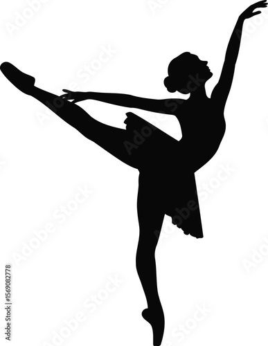 Graceful Ballerina in High Leg Extension Silhouette Vector, Transparent Background.