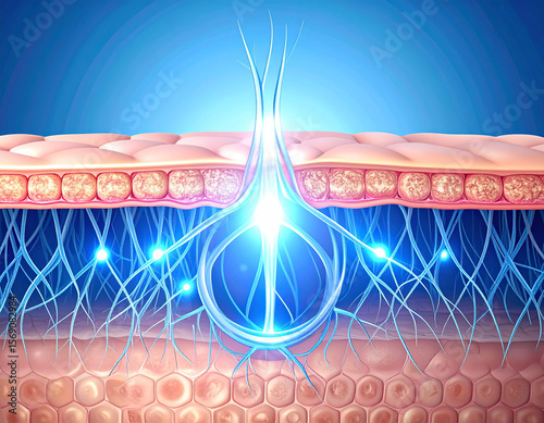 Microscopic view of a nerve ending penetrating skin layers, illuminating underlying neural network.