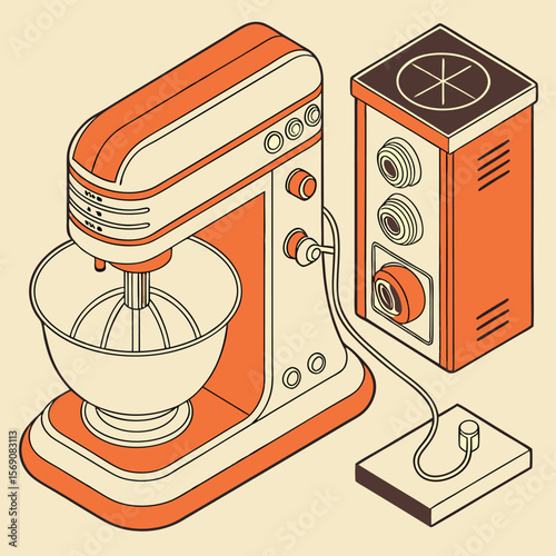 Isometric view of a retro stand mixer with bowl and a separate control box in orange and cream color scheme