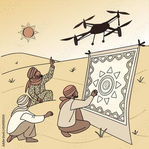 People in desert looking at drone flying over carpet with sun design in a sandy landscape scene