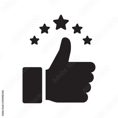 Excellent feedback icon with a thumbs up hand and five stars representing customer satisfaction positive review approval and high quality rating vector solid glyph