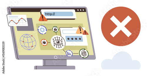 Desktop monitor with warning signs, suspicious icons, a red cross, and cloud symbol. Ideal for online risk, cybersecurity, phishing, malware, data safety hacking prevention simple flat metaphor