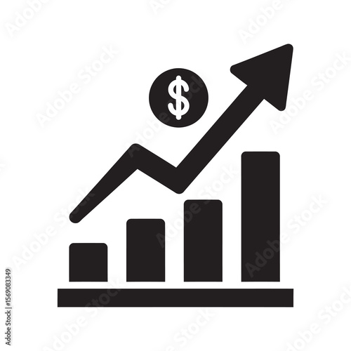 Sales growth analysis icon with a rising bar chart and dollar symbol illustrating increased revenue business profit and successful marketing vector solid glyph