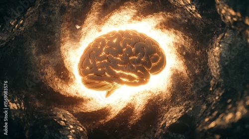 Glowing brain surrounded by spiral of light symbolizing evolution of mental capacity through meditation and spiritual enlightenment, consciousness development concept
