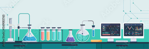Biotech lab bench vector banner with test tubes and monitors