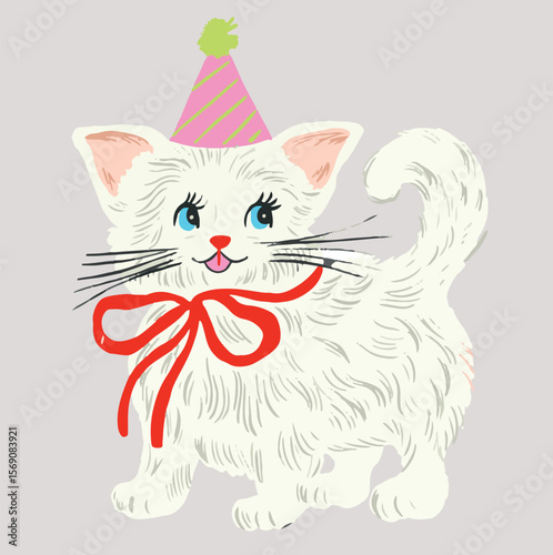 cute white kitten wearing a party hat. The illustration has a playful, vintage style, making it perfect for festive or whimsical themes like birthday cards or children’s designs.