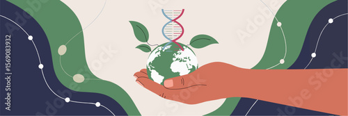 Hand holding Earth with DNA strand in symbolic vector banner