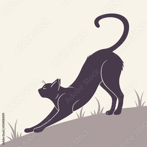 Illustration of a dark cat stretching its body with its tail curled up on a light background scene