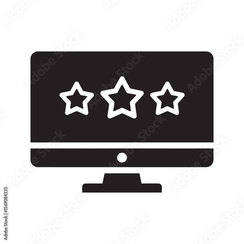 Online review icon with a computer monitor showing a three star rating a symbol for customer feedback product evaluation and satisfaction vector solid glyph