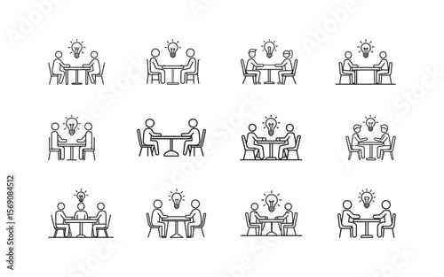 Team Brainstorming Icon Set – Idea Sharing and Collaboration Line Illustrations