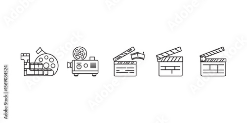 Film and Movie Icon Set – Clapperboard, Film Reel, and Projector Line Vector