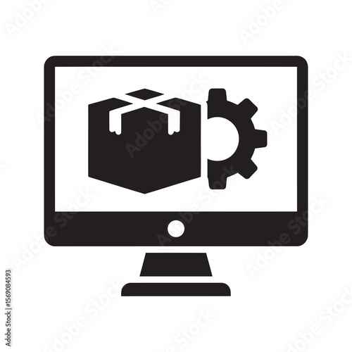 Software product management icon with a computer screen showing a package and a gear representing system configuration and IT development vector solid glyph