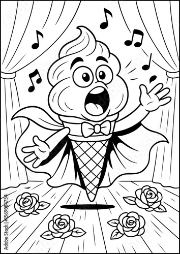 The Cheesy Kingdom Gelato Tenorino Coloring Page is A dramatic gelato cone performing on stage, singing opera with flying music notes. Wacky and fun coloring for children.
