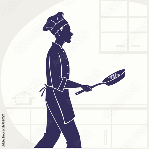 Silhouette of a chef walking with a frying pan in a kitchen with a window and cabinets visible