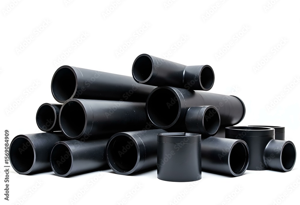 Fototapeta premium Stack of Black PVC Soil Pipes with Fittings Prepared for Installation – Plumbing and Construction Supplies
