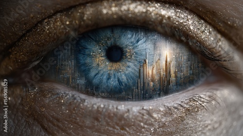 Giant algorithmic eye surveys humans and filters realities in a dystopian digital landscape of control and surveillance