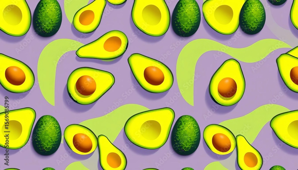 Abstract modern avocado pattern, vibrant green hues, seamless repeat for healthy vegan food design,  botanical,  organic