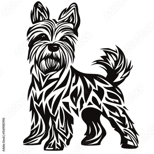 Yorkshire Terrier dog in artistic black and white silhouette design  