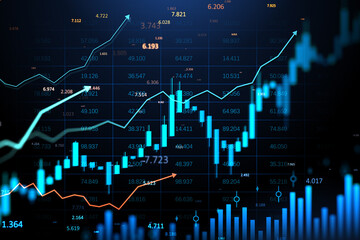 Digital forex and stock market chart with upward arrows and glowing data on dark screen background showing financial growth trends. 3D Rendering