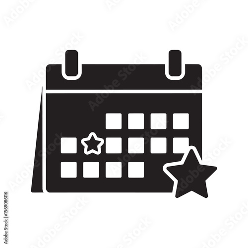 Special event reminder icon with a calendar page and a star on a date symbolizing an important appointment deadline or holiday schedule vector solid glyph