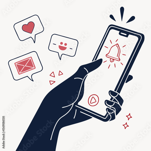 Hand holding smartphone with notification bell and message icons in speech bubbles around it