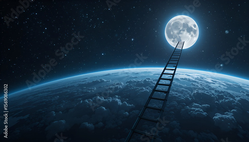 A ladder stretches from Earth toward the radiant moon, symbolizing dreams, goals, and reaching for the stars in a serene night sky.