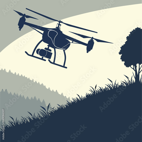Illustration of a drone flying over a grassy hill with trees and a forest in the background scene view