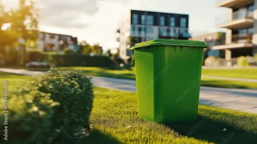 Green Recycle Bin in Sunny Suburban Setting: Eco-Friendly Living