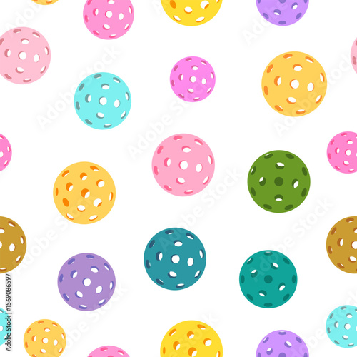 Seamless pattern of colorful pickleballs with perforated surfaces on a white background