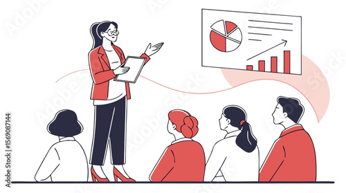Female Speaker Presenting to Group – Flat Vector Business Illustration