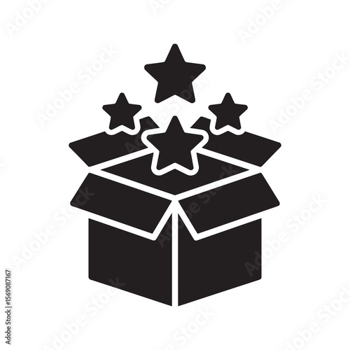 Excellent product unboxing icon with an open box and stars representing a special offer new item surprise gift or a positive customer reward vector solid glyph