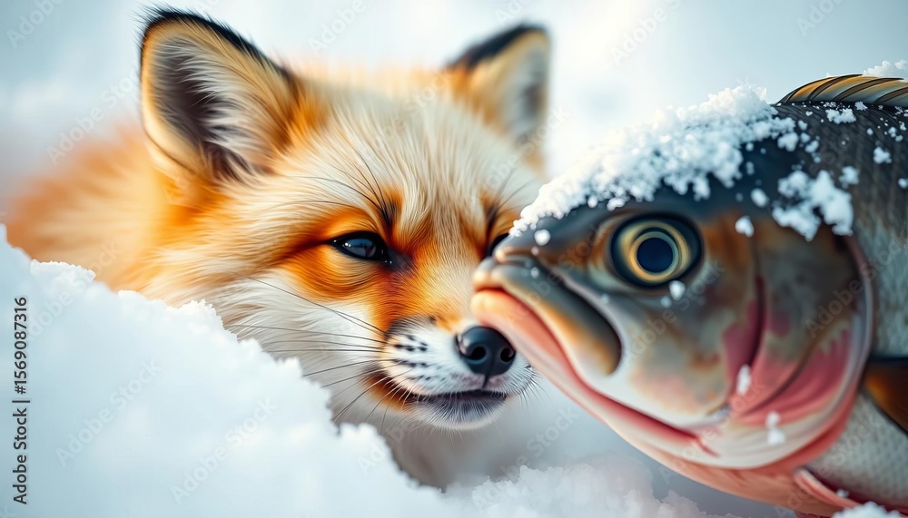 Fototapeta premium Arctic fox nose to snow-covered fish, playful interaction, frozen fish, adorable