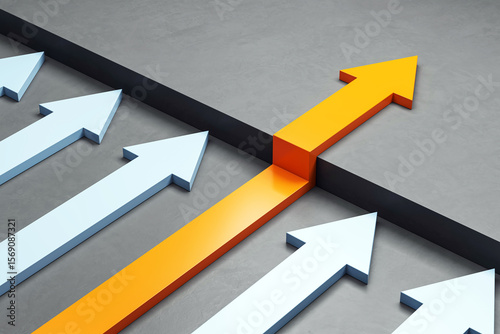 Fototapete Orange arrow breaking through barrier among blue arrows symbolizing breakthrough and success in business and leadership concept on gray background